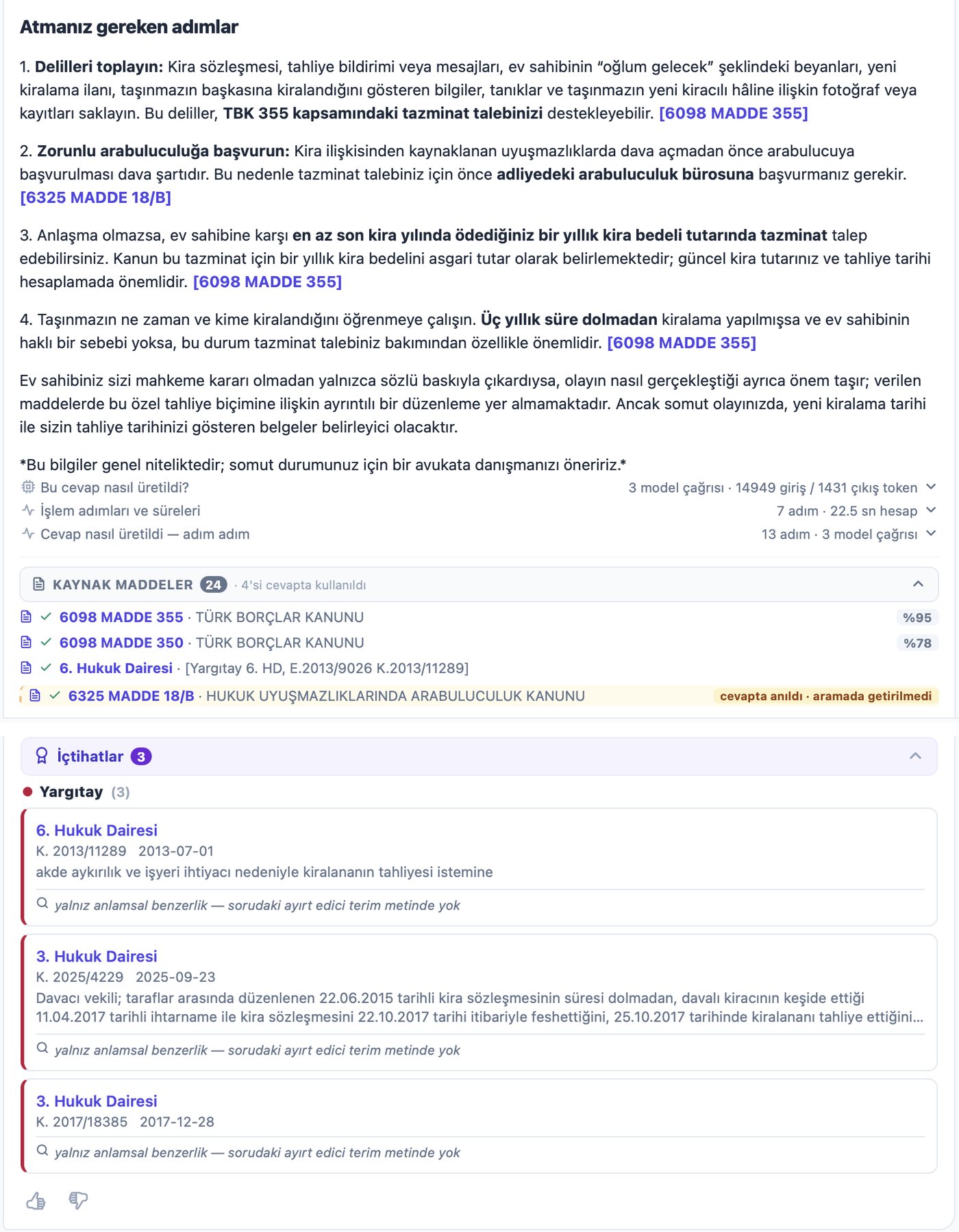 Norma AI cevabının altı: Kaynak maddeler listesi ve İçtihatlar listesi