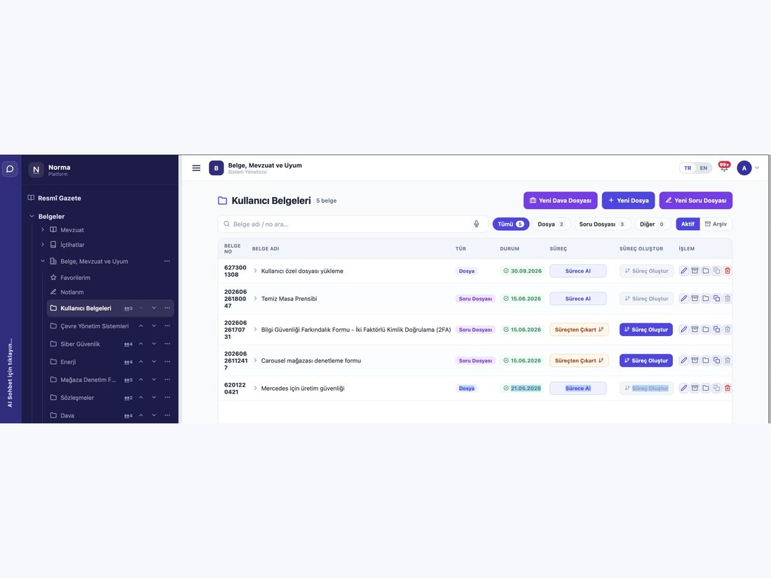 The list of uploaded documents — with type, status and the option to move one into a process.