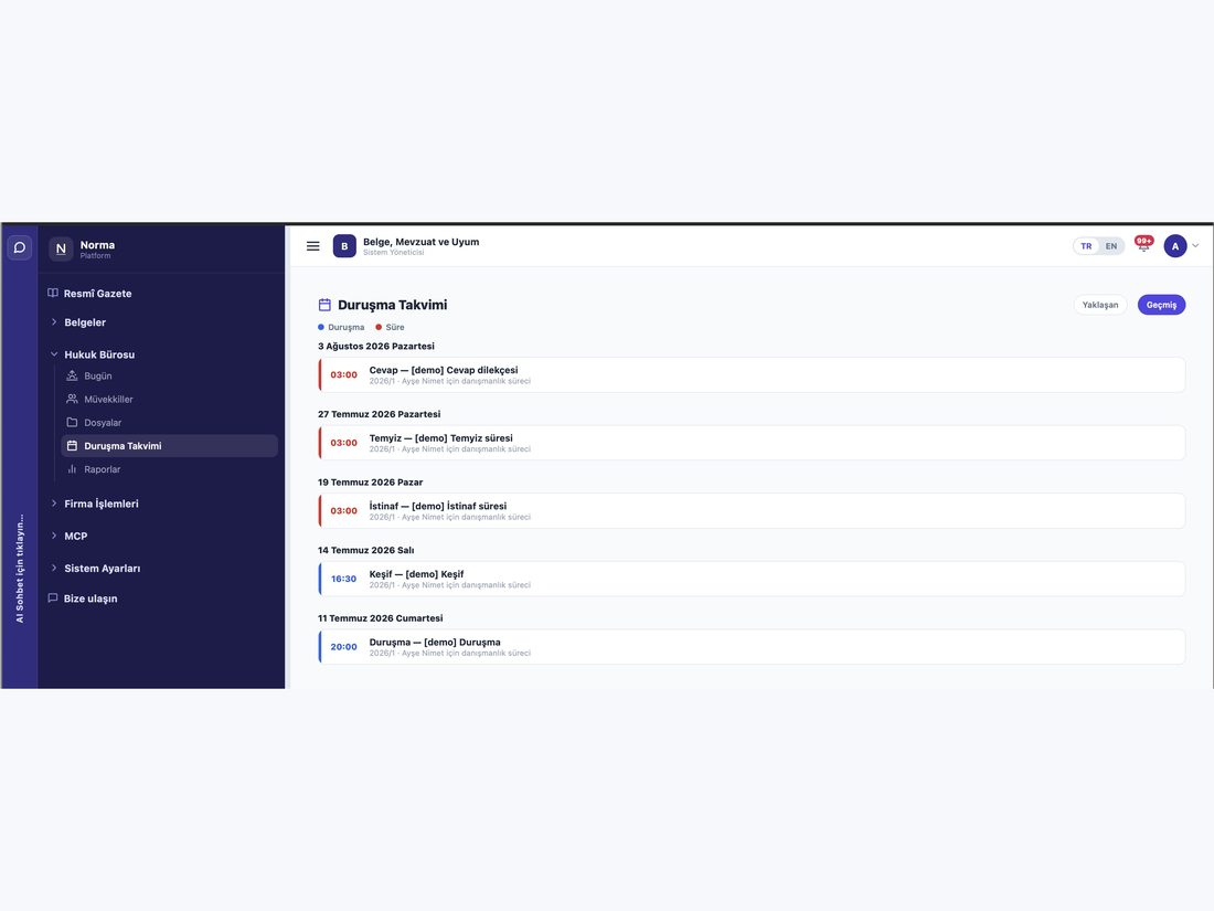 Hearing calendar: sessions and deadlines in a monthly view.