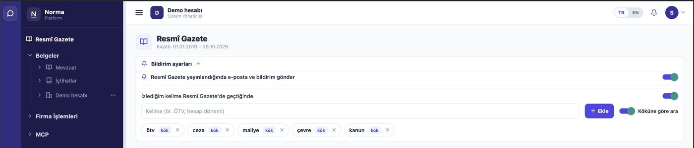 Norma Resmî Gazete bildirim ayarları: izlenen kelime listesi ve kök araması