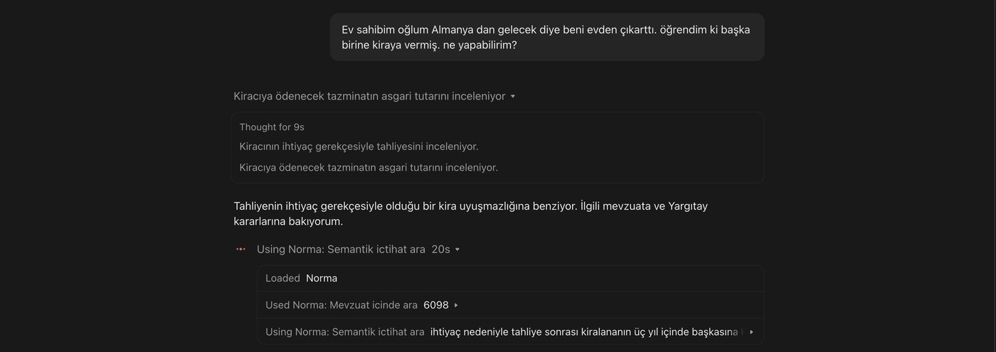 Claude sohbetinde Norma araç çağrıları: Mevzuat içinde ara 6098 ve Semantik içtihat ara satırları