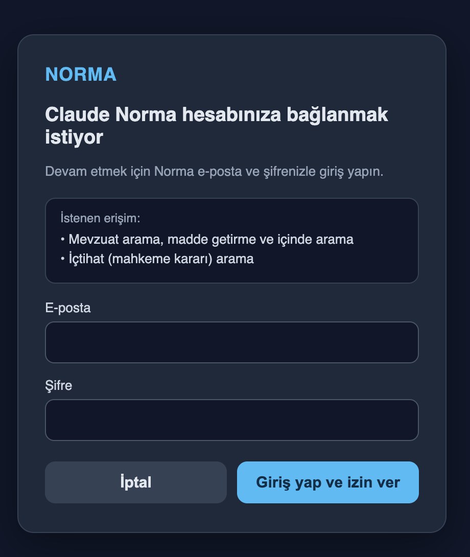 Norma giriş ve izin sayfası: Claude Norma hesabınıza bağlanmak istiyor; istenen erişim listesi, e-posta ve şifre alanları, Giriş yap ve izin ver düğmesi